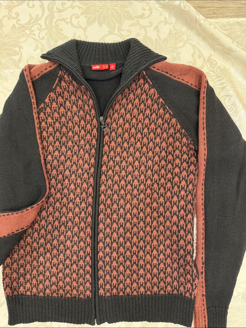 Puma Men's Black and Rust Full-Zip Knit Sweater